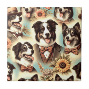 Vintage Border Collie Iluustration Ceramic Tile