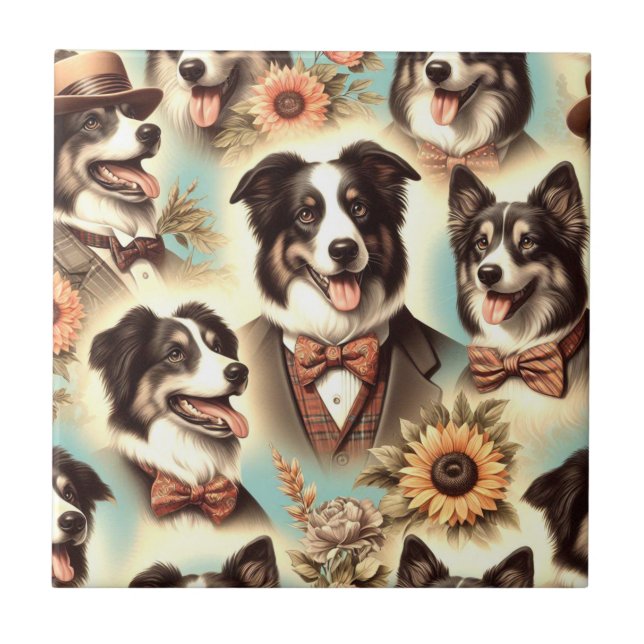 Vintage Border Collie Iluustration Ceramic Tile (Front)
