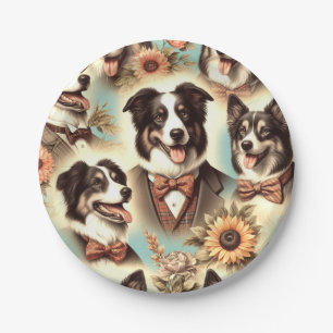 Vintage Border Collie Iluustration Paper Plates