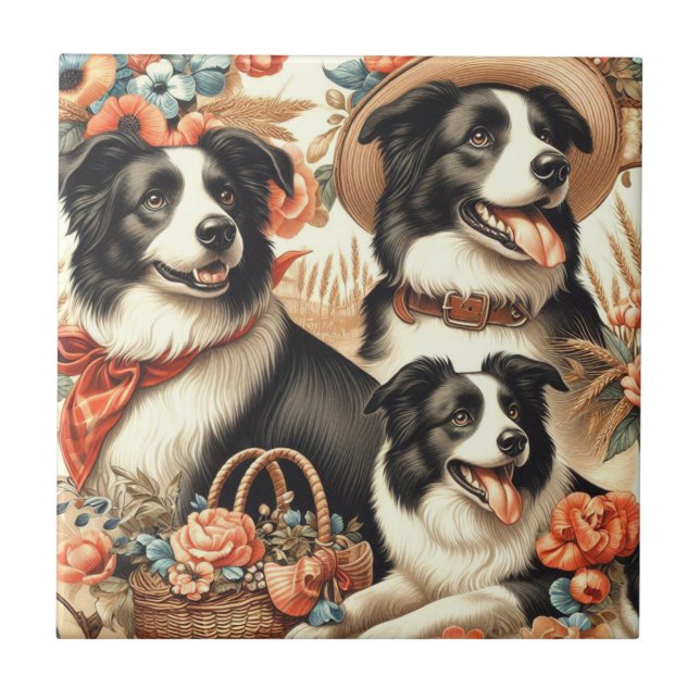 Vintage Border Collie  Painting Ceramic Tile (Front)