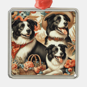 Vintage Border Collie Painting Metal Ornament