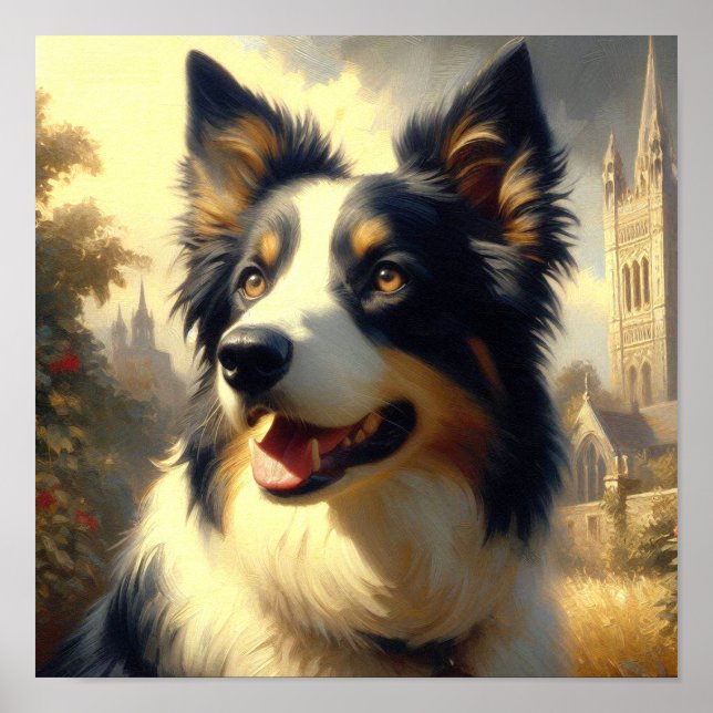 Vintage Border Collie Painting Poster (Front)