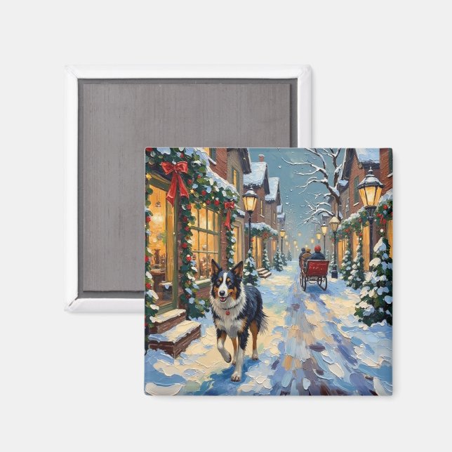 Vintage Border Collie Snowy Village Christmas Magnet (Front/Back)