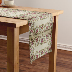 Vintage Border Garden Red Flowers Green Short Table Runner