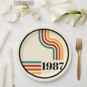 Vintage Born in 1987 40th Birthday Retro Stripe Paper Plates