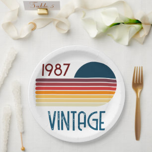 Vintage Born in 1987 Retro Stripe 40th Birthday Paper Plates