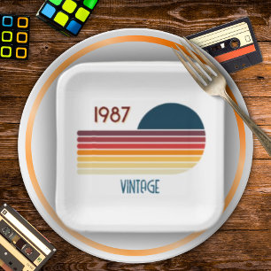 Vintage Born in 1987 Retro Stripe 40th Birthday  Paper Plates
