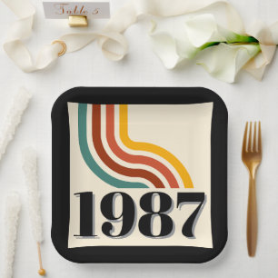 Vintage Born in 1987 Retro Stripe 40th Birthday Paper Plates