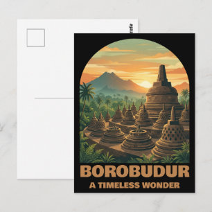 Vintage Borobudur Temple Indonesia Sunrise Travel Postcard