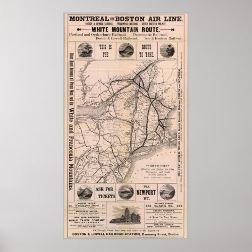 Vintage Boston and Montreal Railroad Map 1887 Poster