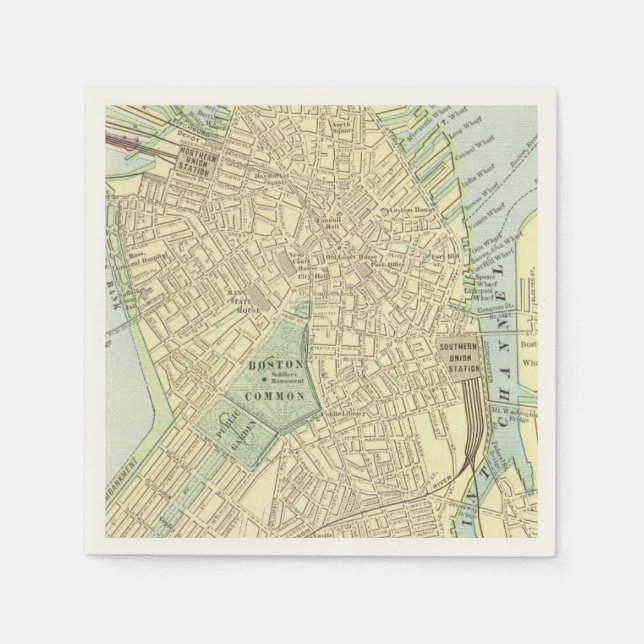 Vintage Boston Map Cocktail Napkins (Front)