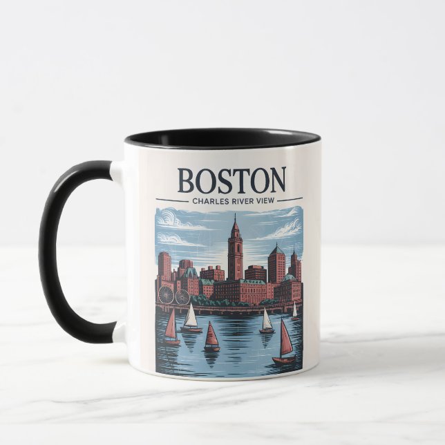 Vintage Boston Massachusetts Cityscape & Sailboats Mug (Left)