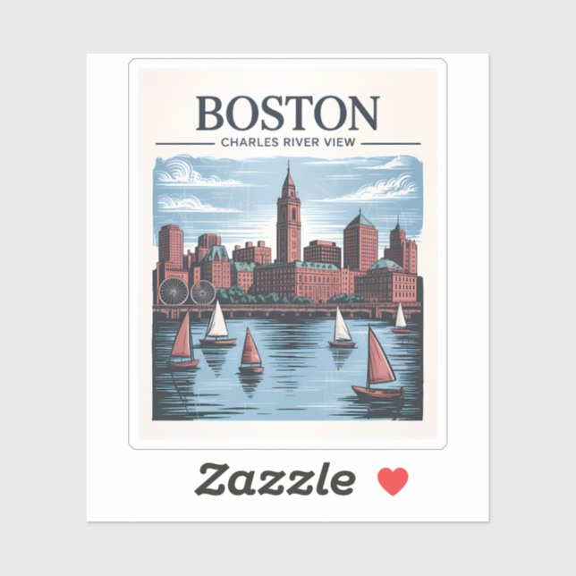 Vintage Boston Massachusetts Cityscape & Sailboats Sticker (Sheet)