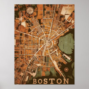Vintage Boston Massachusetts Map, Boston Ma Us Map Poster