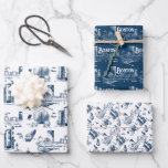 Vintage Boston Navy Gift Wrap Set<br><div class="desc">This Boston Toile is the perfect design for your offbeat occasion. It looks traditional from a distance,  but there are details any true local will relate to,  like construction cranes and bewildering traffic signage.</div>