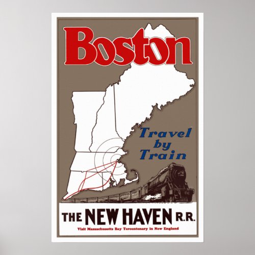 Vintage Boston New England Train Travel Poster