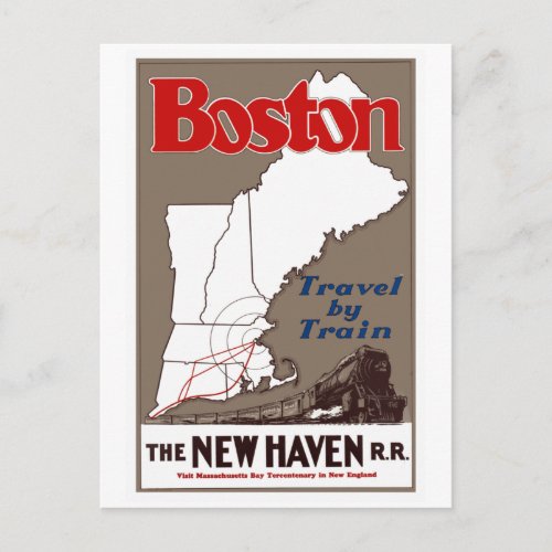 Vintage Boston New England Train Travel Poster Postcard