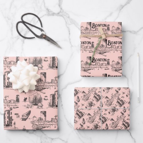 Vintage Boston Pink and Black Wrapping Paper Sheets