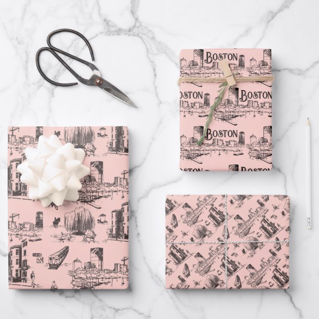 Vintage Boston Pink and Black Wrapping Paper Sheets (Front)