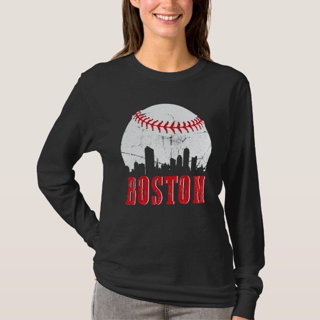 Vintage Boston Skyline Baseball Game Day T-Shirt (Front)
