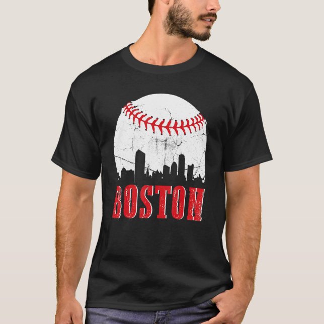 Vintage Boston Skyline Baseball Game Day T-Shirt (Front)