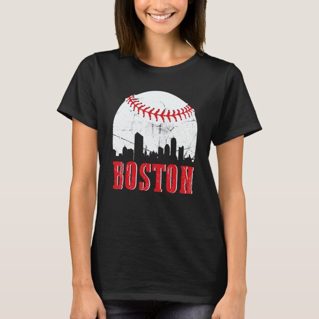 Vintage Boston Skyline Baseball Game Day T-Shirt (Front)
