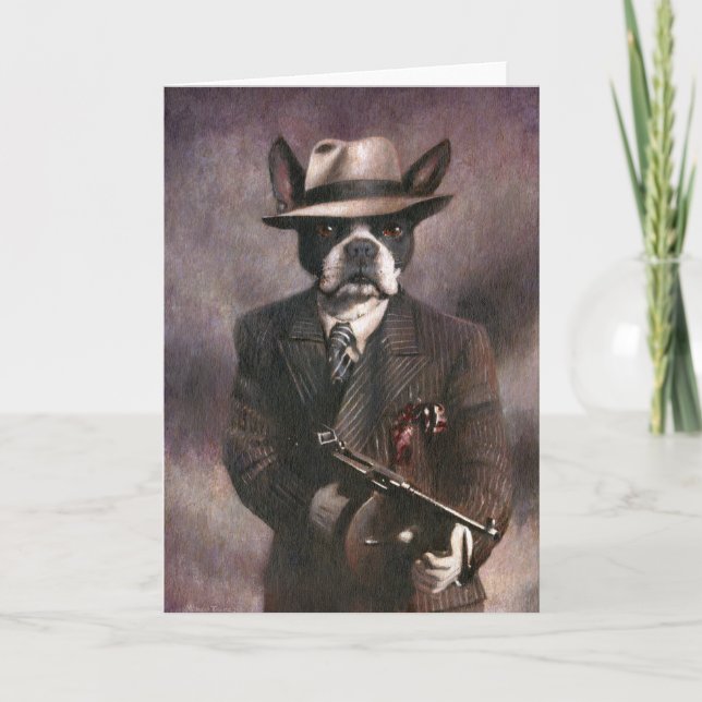 Vintage Boston Terrier Gangster Greetings Card (Front)
