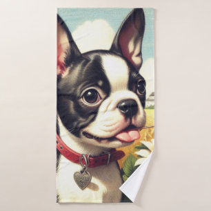 Vintage Boston Terrier Illustration Bath Towel