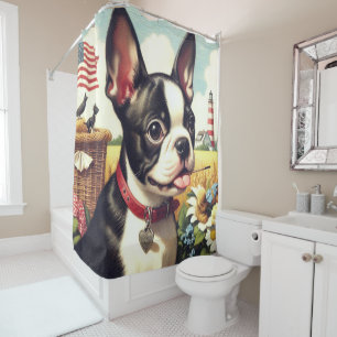 Vintage Boston Terrier Illustration Shower Curtain