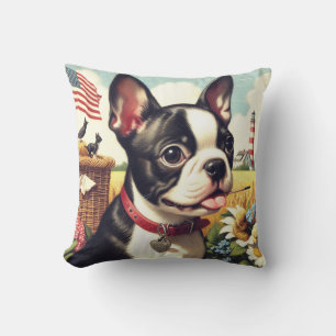 Vintage Boston Terrier Illustration Throw Pillow