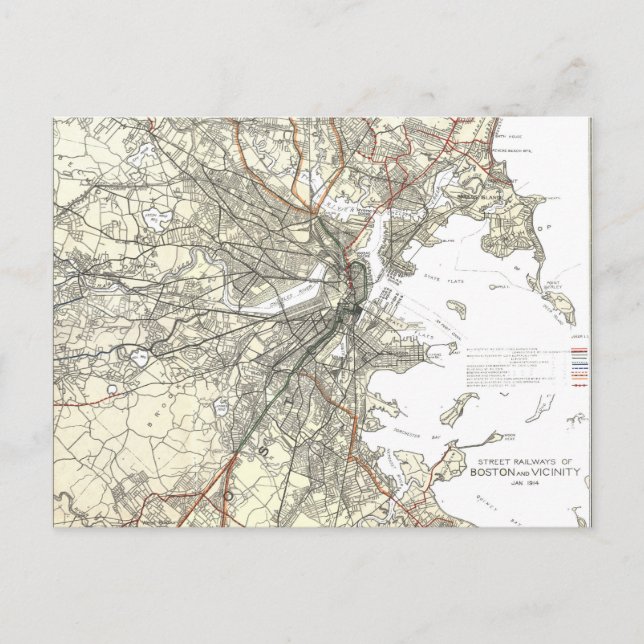 Vintage Boston Transit Line Map (1914) Postcard (Front)