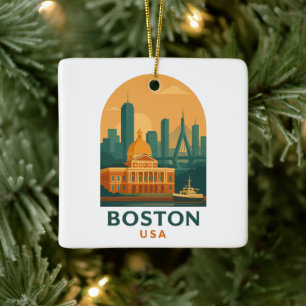Vintage Boston USA Travel – Retro City Art Ceramic Ornament