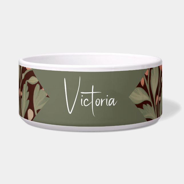 Vintage Botanical Arts and Crafts Ceramic Dog Bowl (Front)