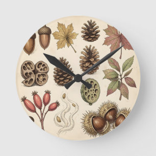 Vintage Botanical Autumn Acorns Pinecones Leaves  Round Clock