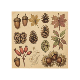 Vintage Botanical Autumn Acorns Pinecones Leaves  Wood Wall Art