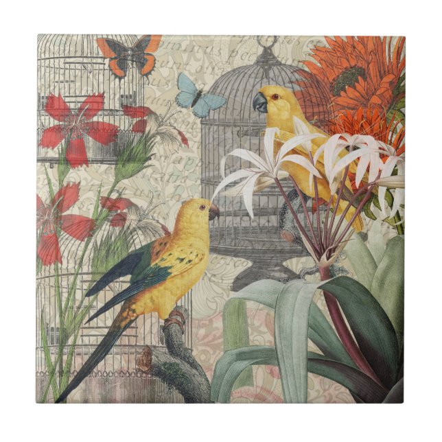 Vintage Botanical Bird Nature Antique Tropical  Ceramic Tile (Front)