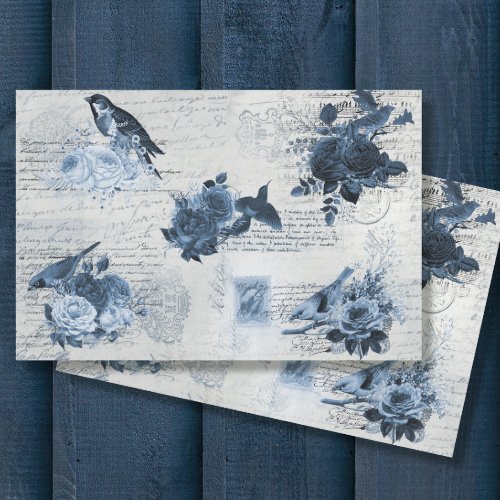 Vintage Botanical Birds Blue Flowers Decoupage Tis Tissue Paper