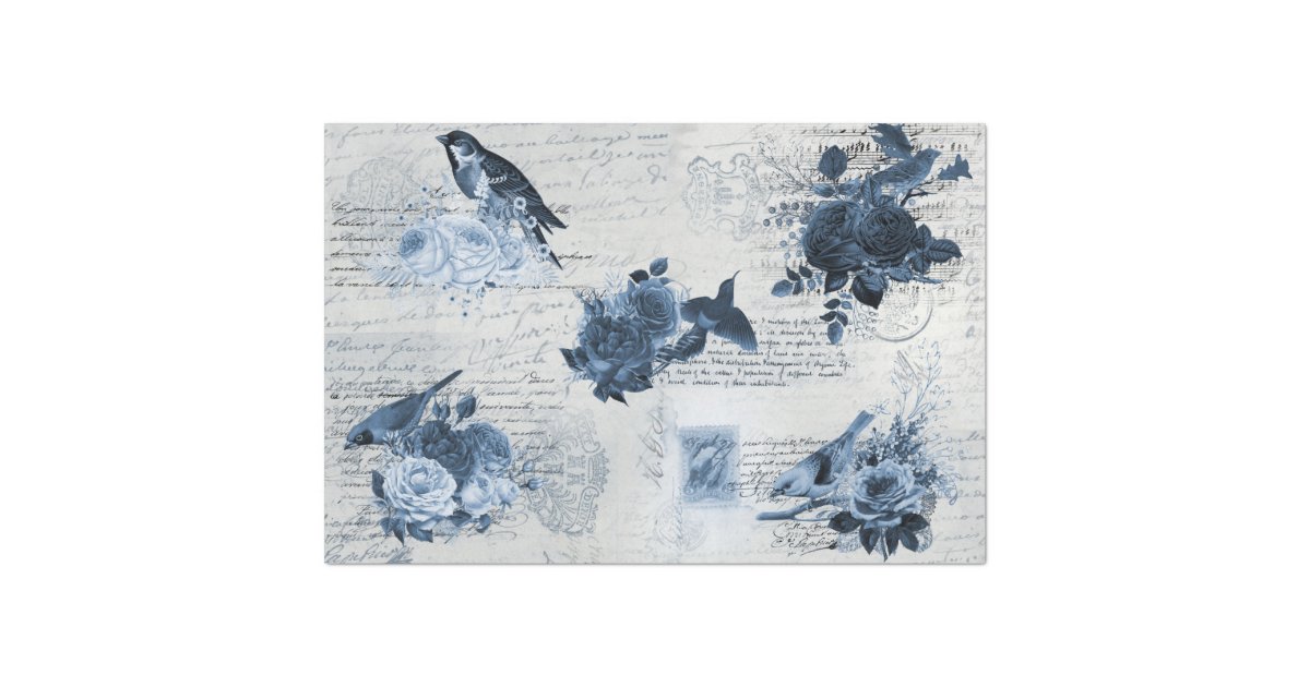 Vintage Botanical Birds Blue Flowers Decoupage Tis Tissue Paper Zazzle