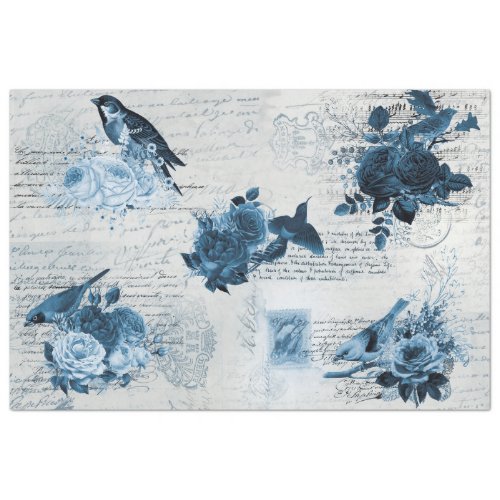 Vintage Botanical Birds Blue Flowers Decoupage Tissue Paper