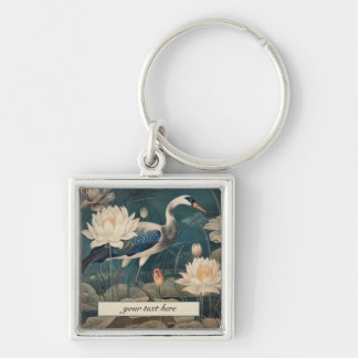 Vintage botanical blue crane customizable keychain