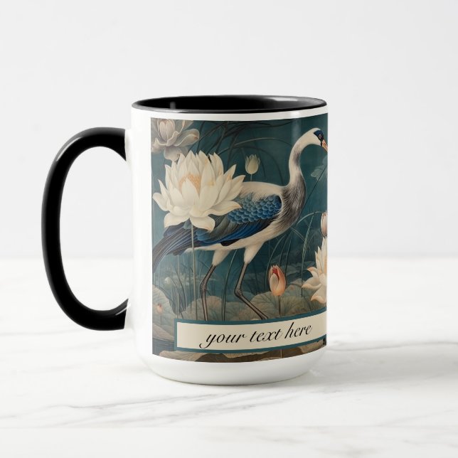 Vintage botanical blue crane customizable  mug (Left)