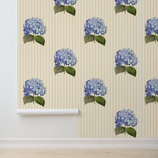 Vintage Botanical Blue Hydrangea Flower Stripe Wallpaper (Application)