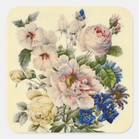 Vintage Botanical Bouquet Of Mixed Flowers Square Sticker