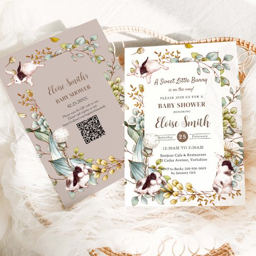Vintage Botanical Bunny Rabbits Baby Shower QR Invitation