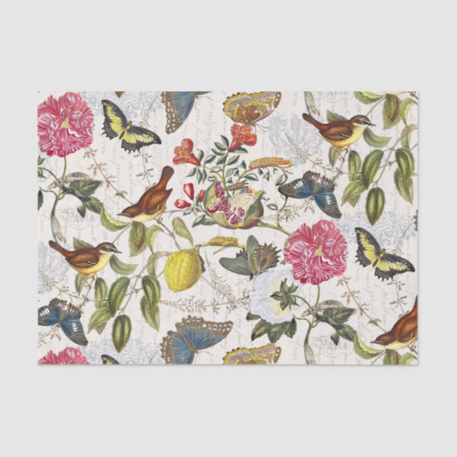 Vintage Botanical Butterflies & Birds Tissue Paper (Front)