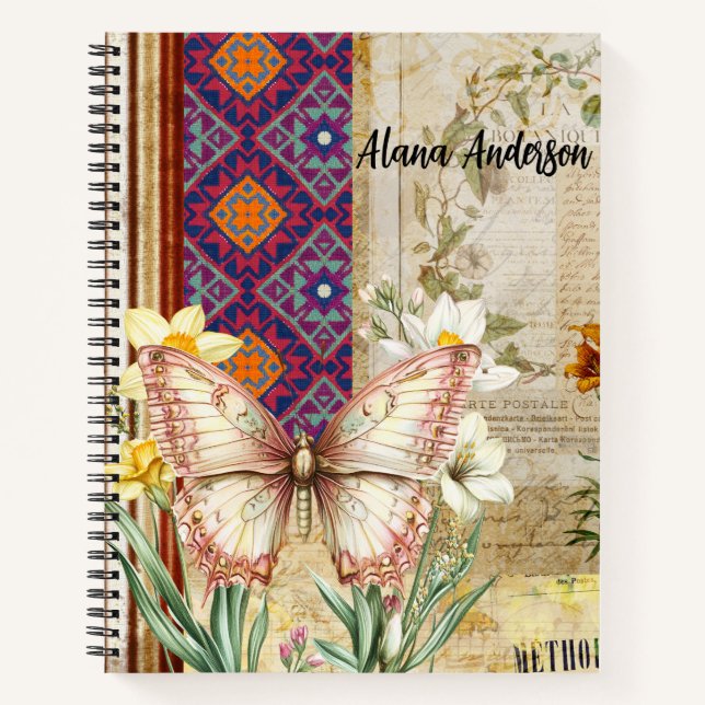Vintage Botanical Butterfly and Aztec Pattern Notebook (Front)