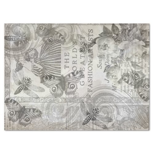 vintage Botanical Butterfly Script Black and white Tissue Paper