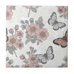 Vintage Botanical Butterfly Toile Pattern (2) Ceramic Tile