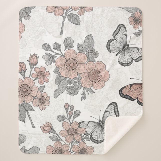 Vintage Botanical Butterfly Toile Pattern (2) Sherpa Blanket (Front)