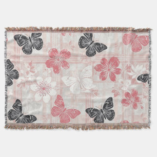 Vintage Botanical Butterfly Toile Pattern (3) Throw Blanket